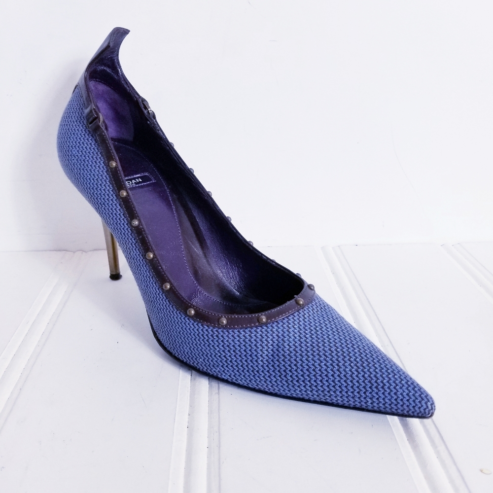 Baldan Blue Textured Pumps Gold Brass Heel Brown Leather Trim Womens EU 39.5